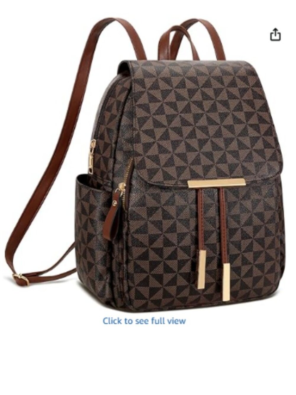 Women's Brown Checkered Leather Backpack Purse Travel Daypack Multi Pocket bag